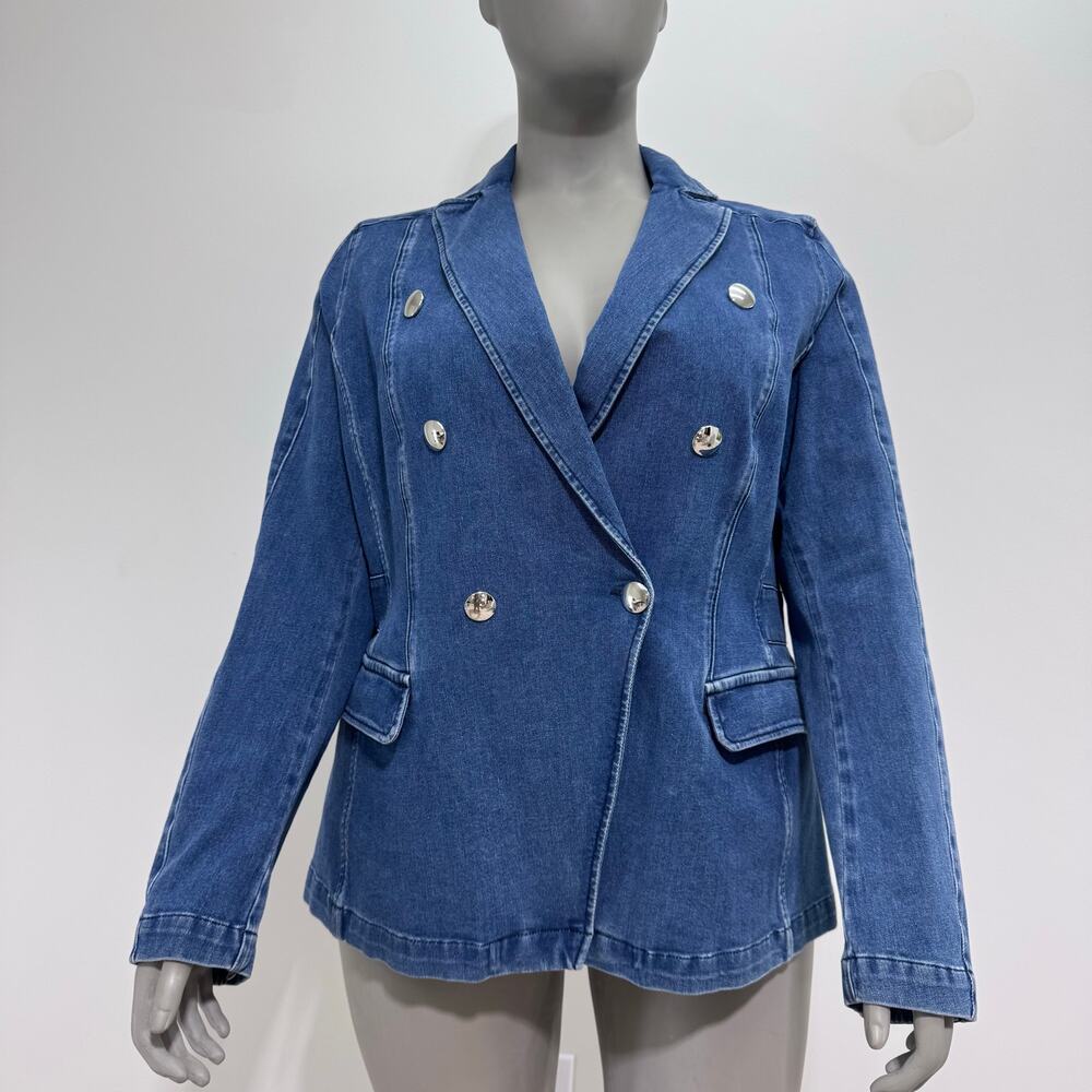 NWT Marina Rinaldi Double Breasted Blue Denim Jacket US 16 Casual Preppy Neutral